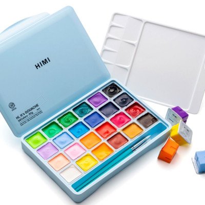Set de Gouache de 24 colores potes x30 gramos +3 pinceles estuche Azul Himi