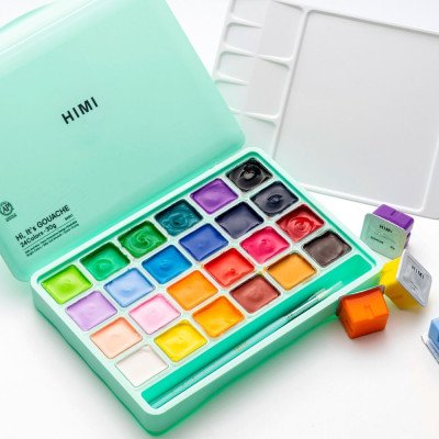 Set de Gouache de 24 colores potes x30 gramos +3 pinceles estuche Verde Himi
