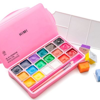 Set de Gouache de 18 colores potes x30 gramos +3 pinceles estuche Rosa Himi
