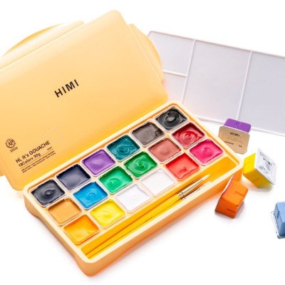 Set de Gouache de 18 colores potes x30 gramos +3 pinceles estuche Amarillo Himi